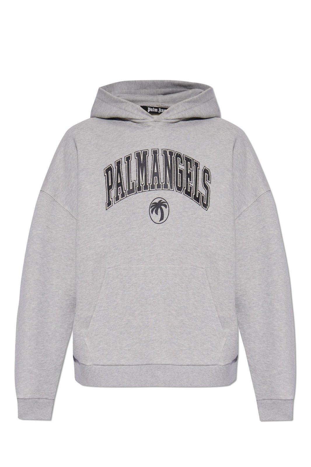 Shop Palm Angels College Palm Logo Printed Hoodie In Grey Melange Black