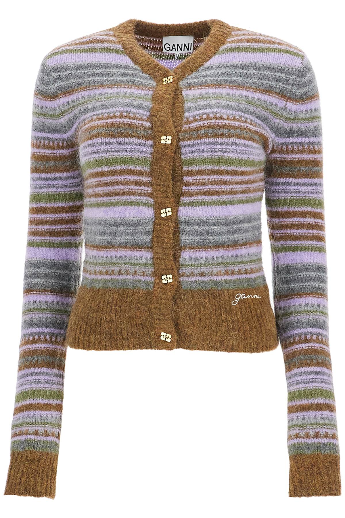 Shop Ganni Soft Striped Cardigan With Fluffy In Military Olive