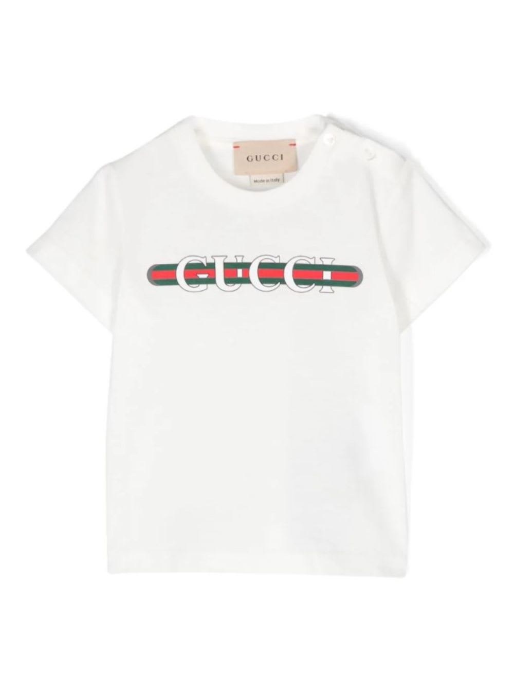 Gucci White T-shirt With Logo Print And Web Detail On The Front In Cotton Baby
