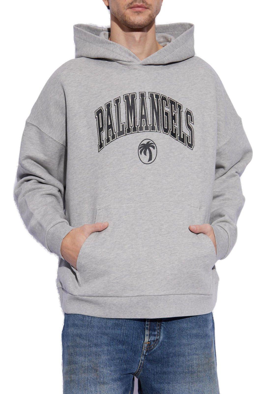 Shop Palm Angels College Palm Logo Printed Hoodie In Grey Melange Black