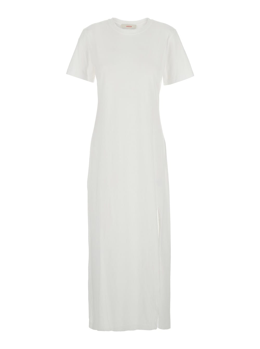 White Dress With Round Neck And Front Single Slit In Cotton Woman