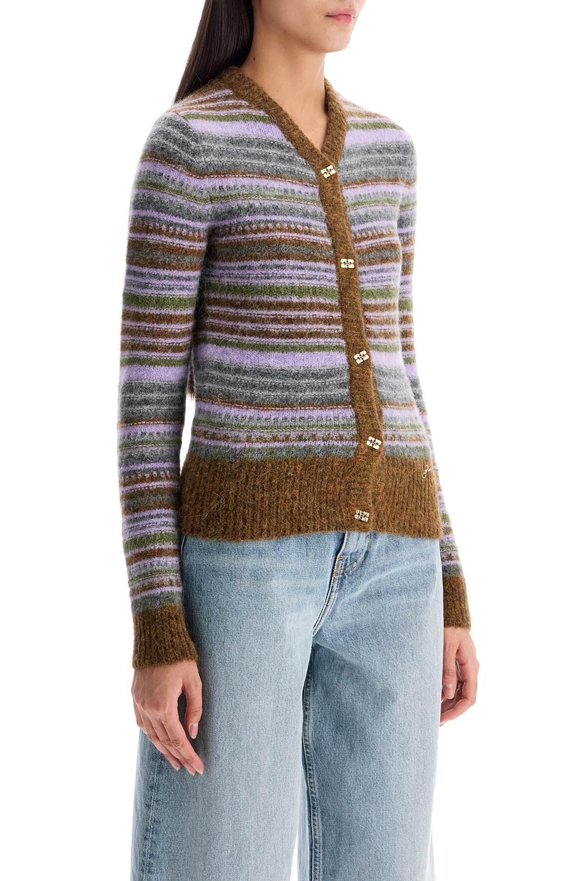 Shop Ganni Soft Striped Cardigan With Fluffy In Military Olive