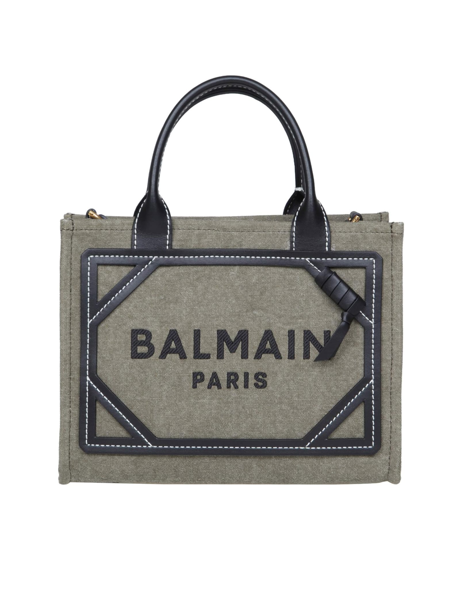 Shop Balmain Small B-army Shopper In Canvas With Logo In Kaki/noir
