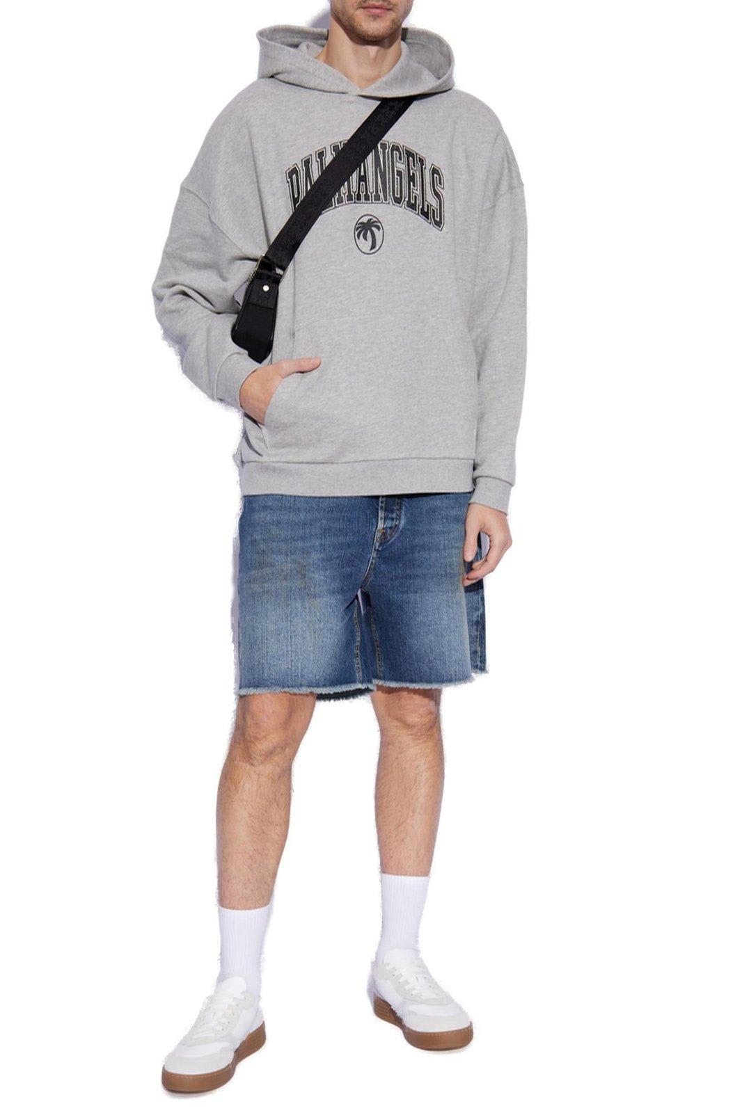 Shop Palm Angels College Palm Logo Printed Hoodie In Grey Melange Black