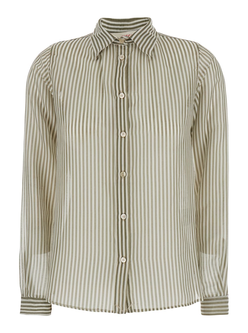 Green Shirt With Classic Collar And All-over Striped Motif In Mixed Cotton And Silk Woman