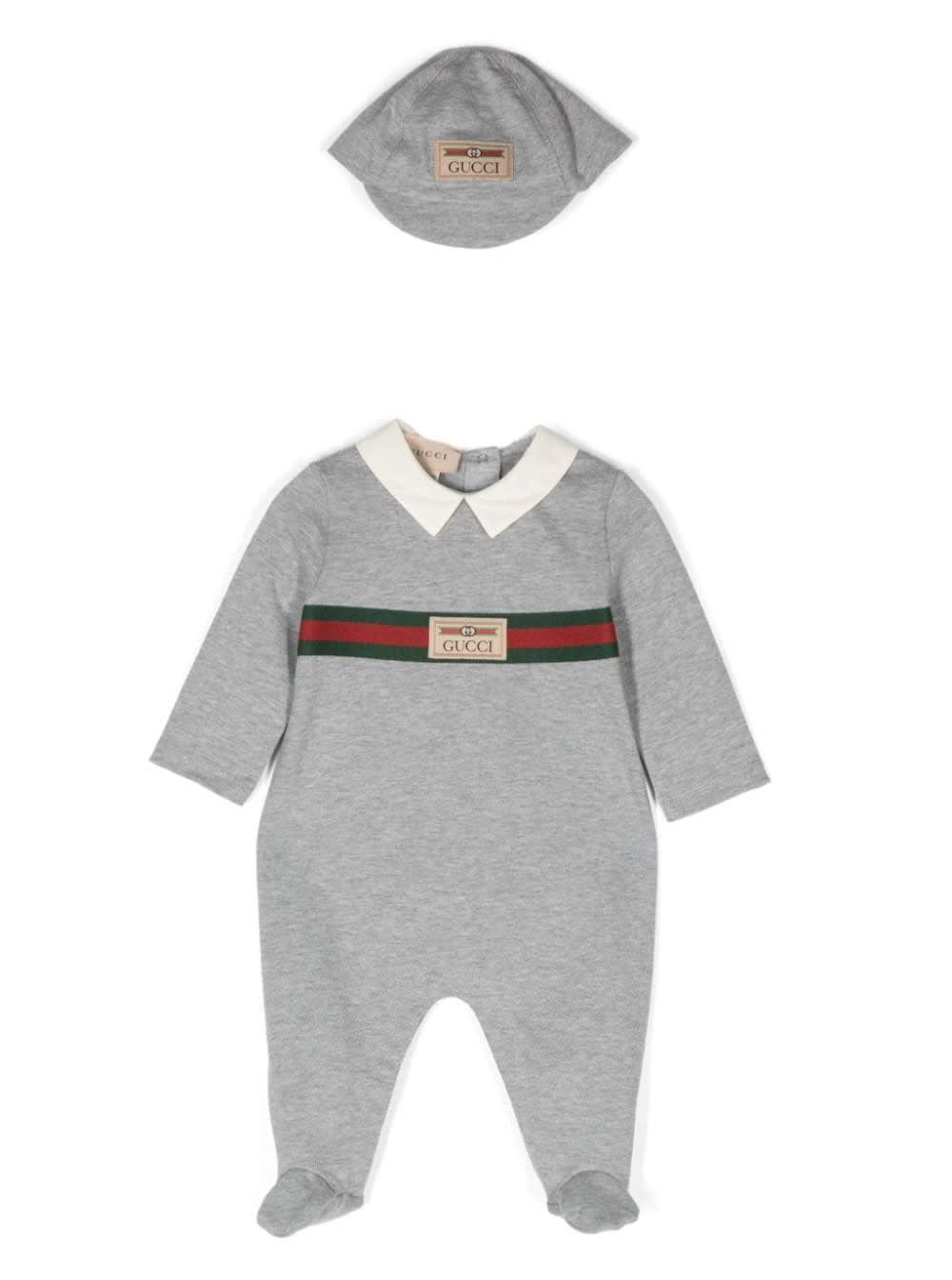 Gucci Grey Jumpsuit And Hat Set In Cotton Baby