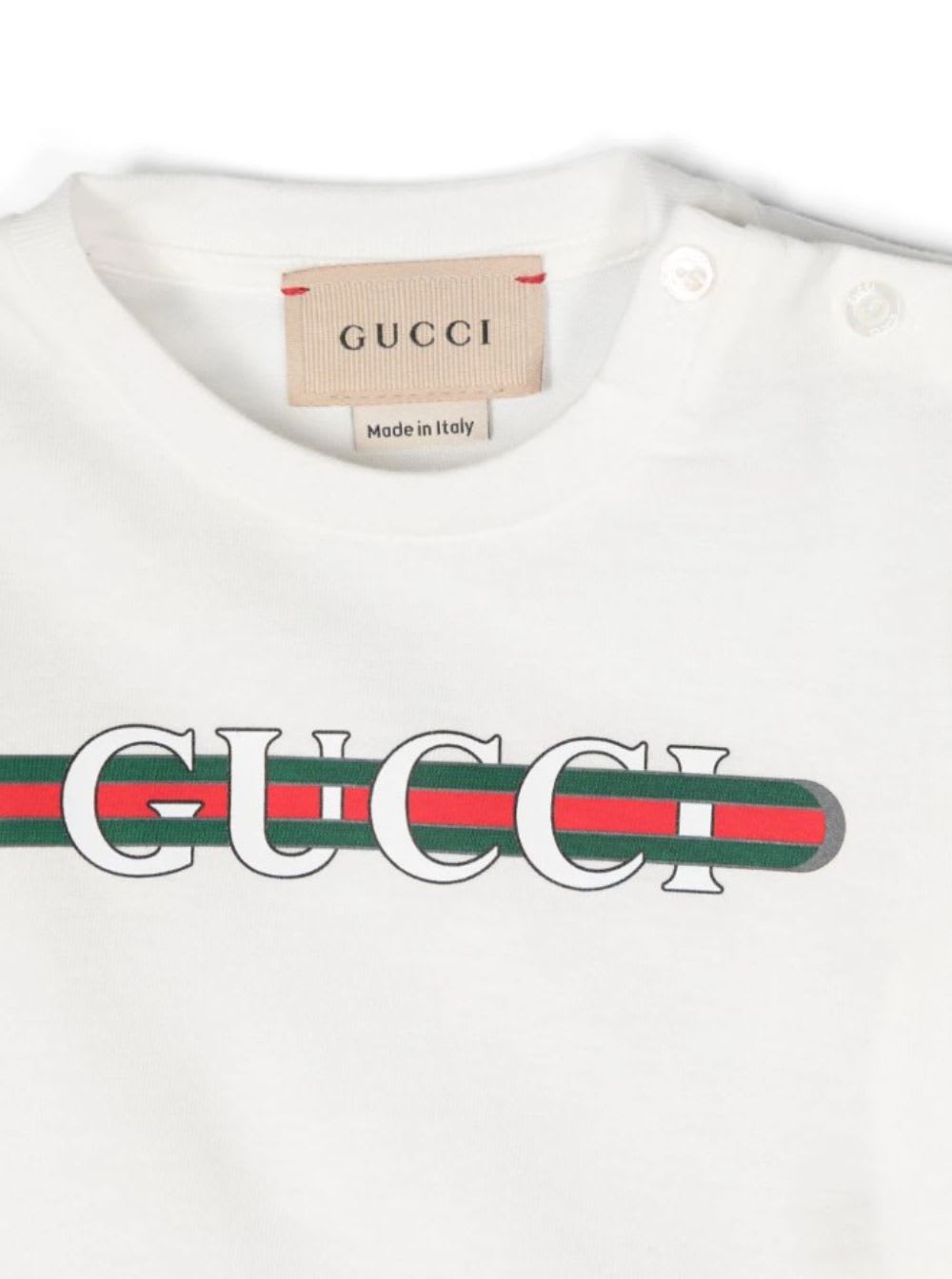 GUCCI WHITE T-SHIRT WITH LOGO PRINT AND WEB DETAIL ON THE FRONT IN COTTON BABY