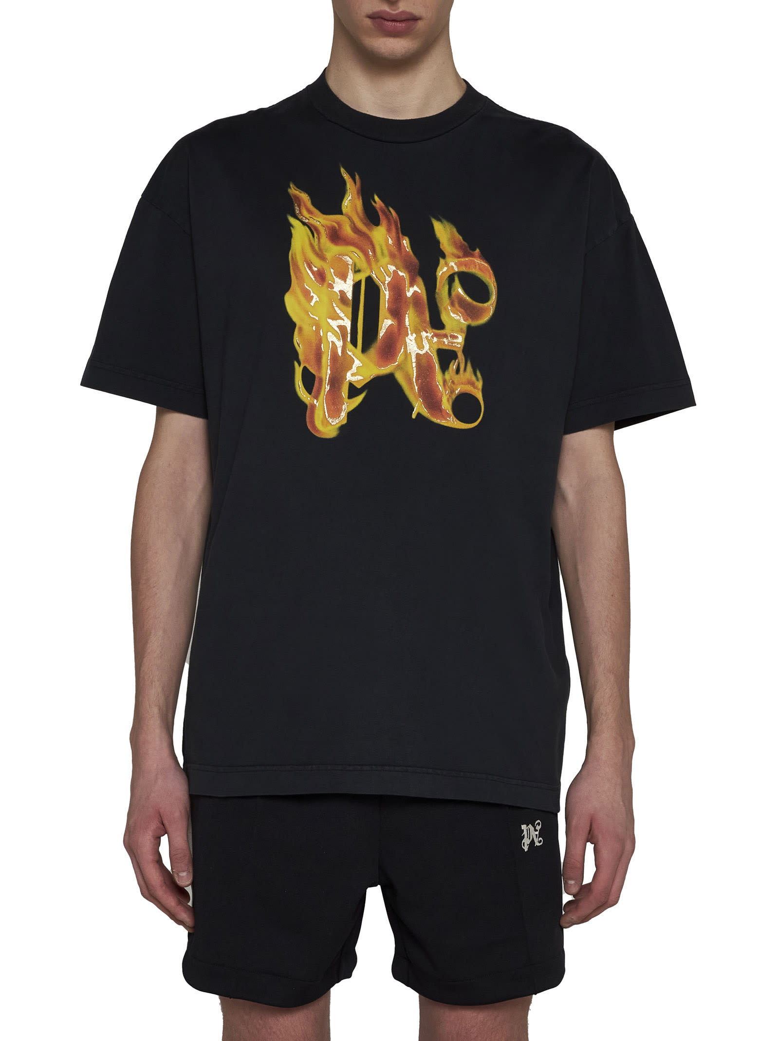 Shop Palm Angels Burning Monogram T-shirt In Black Gold