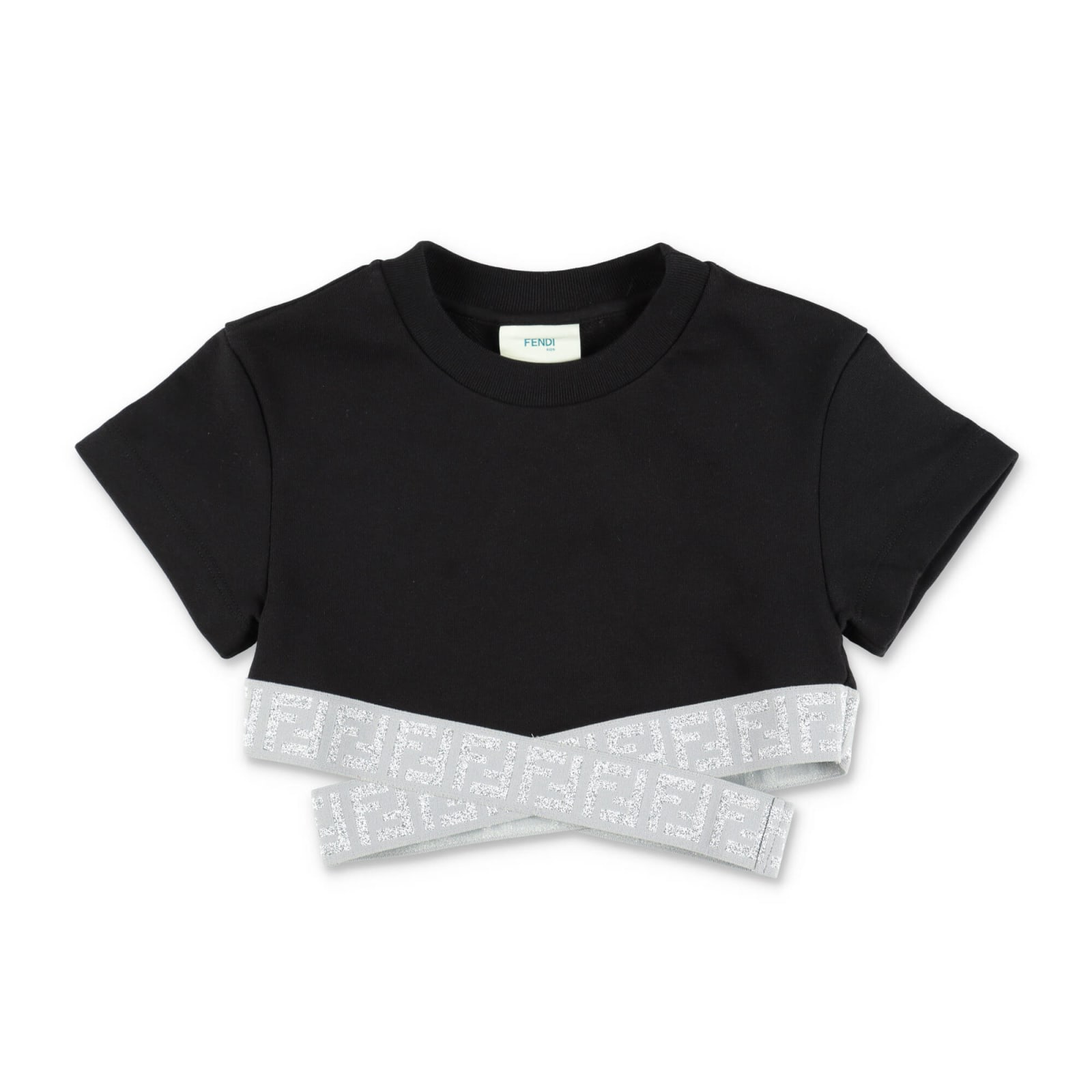 FENDI FENDI TOP NERO IN JERSEY DI COTONE CON DETTAGLIO FF GLITTER BAMBINA