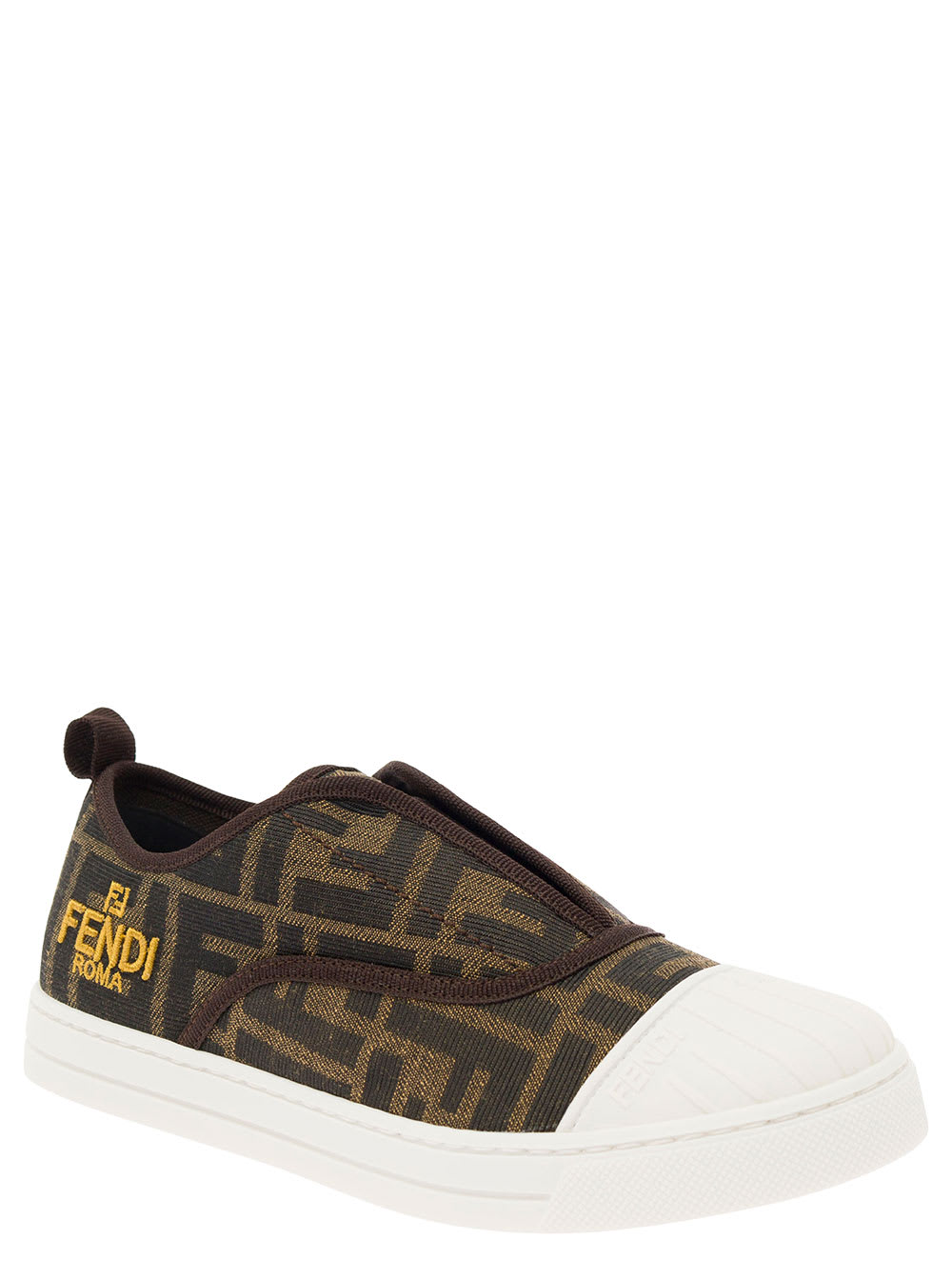 Shop Fendi Brown Pull-on Sneakers With Logo Embroidery In Ff Canvas Boy